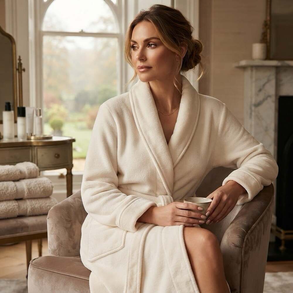 Nestwell Womens sz S/M Plush Ivory White Soft Fleece Spa Luxury Robe Housecoat